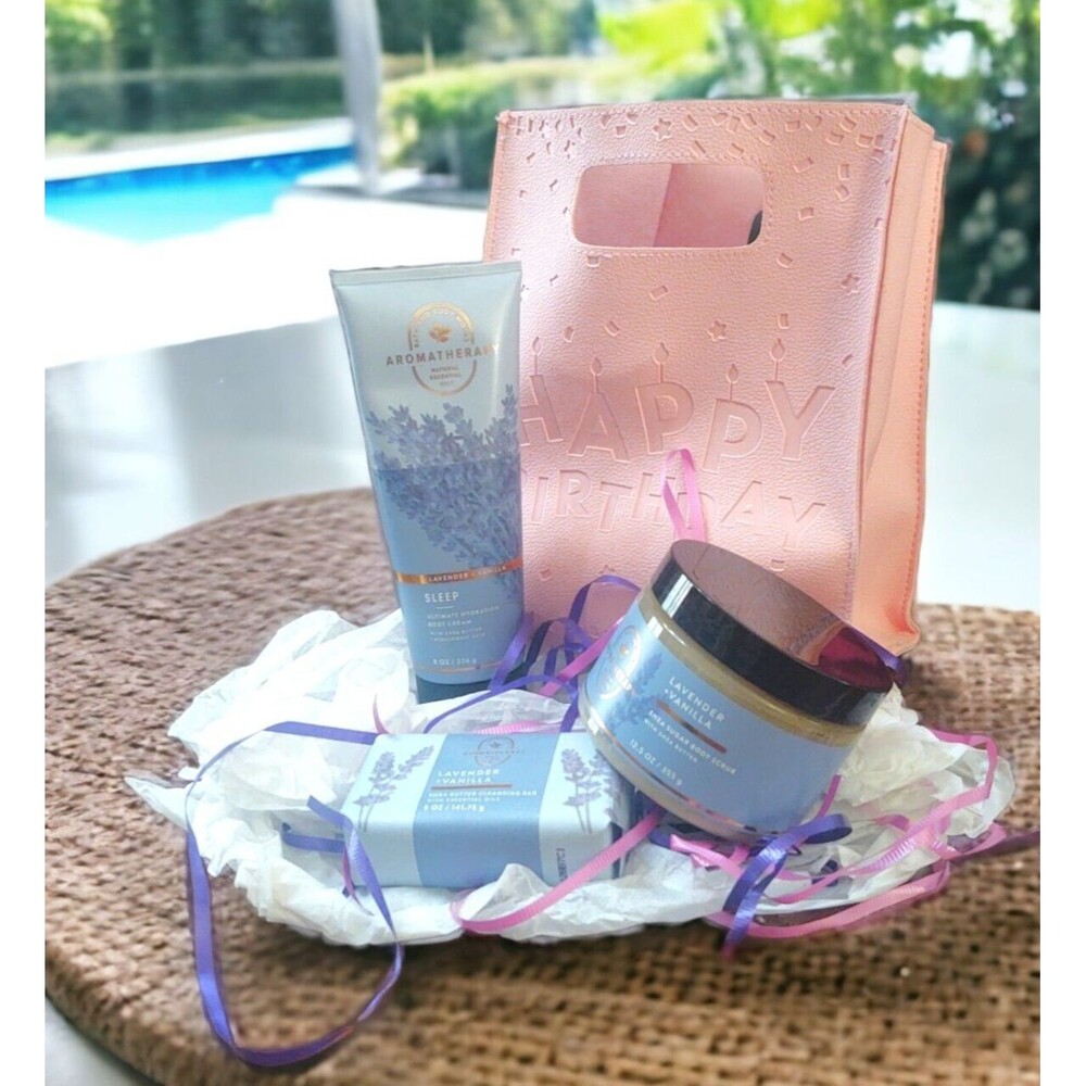 Bath & Body Lavender Vanilla Birthday Set Lotion, Scrub, Soap, & Leatherette Bag